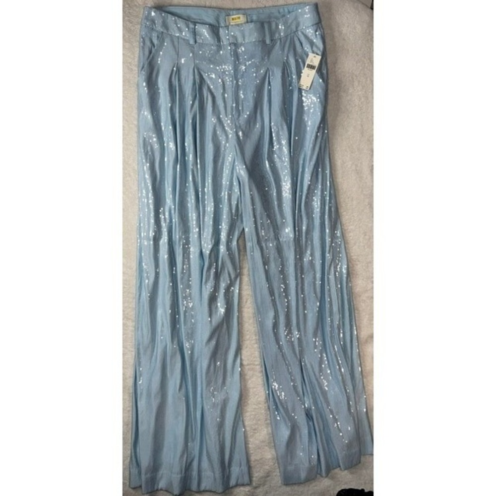 Anthropologie Sequin Wide Leg Pants Women 12 Light Blue NWT Pleated High Waist